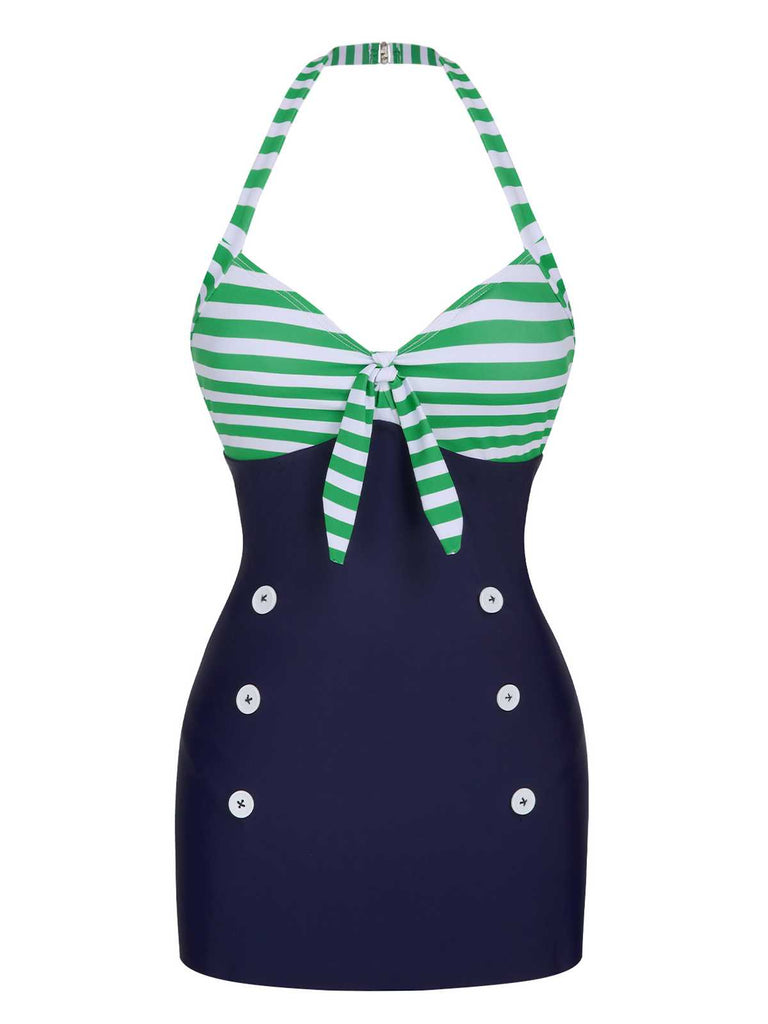Maillot de bain une pièce boutonné à bandes licou des années 1960