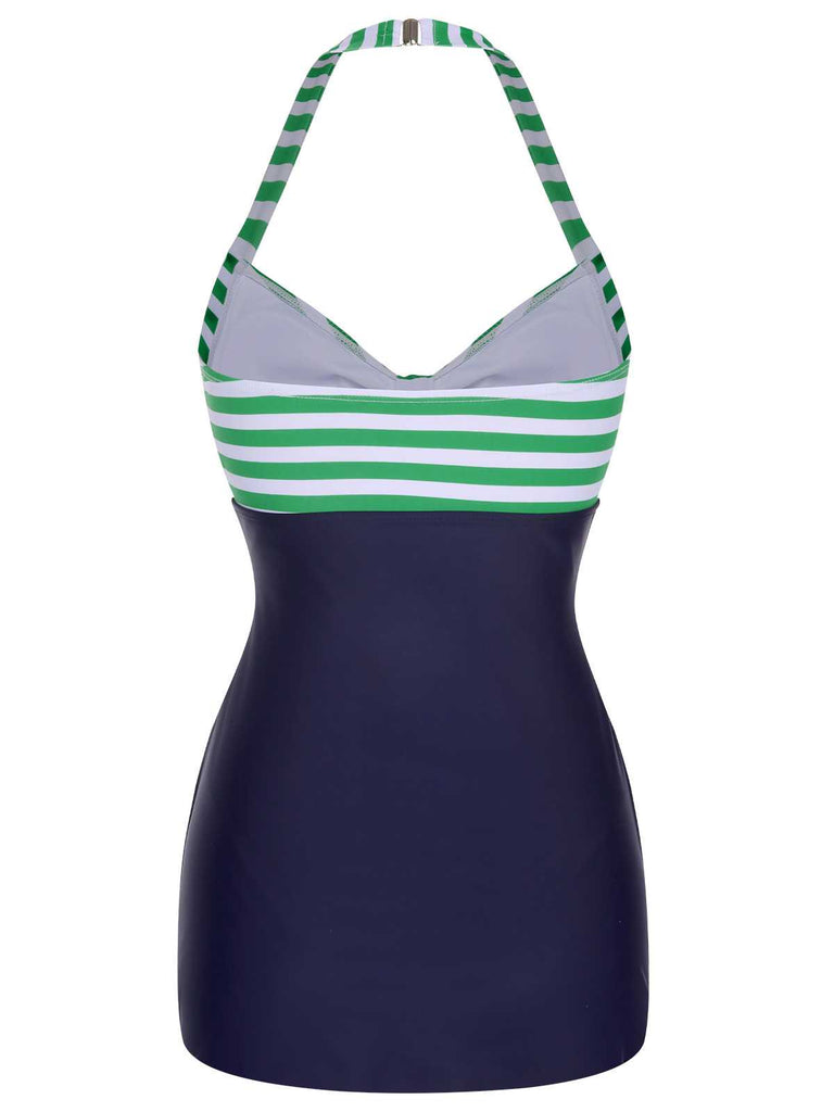 Maillot de bain une pièce boutonné à bandes licou des années 1960
