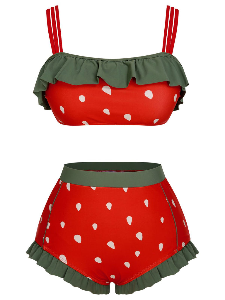 [Pré-vente] Maillot de bain rouge à bretelles à volants et fraises des années 1950