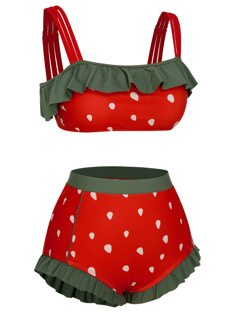 [Pré-vente] Maillot de bain rouge à bretelles à volants et fraises des années 1950