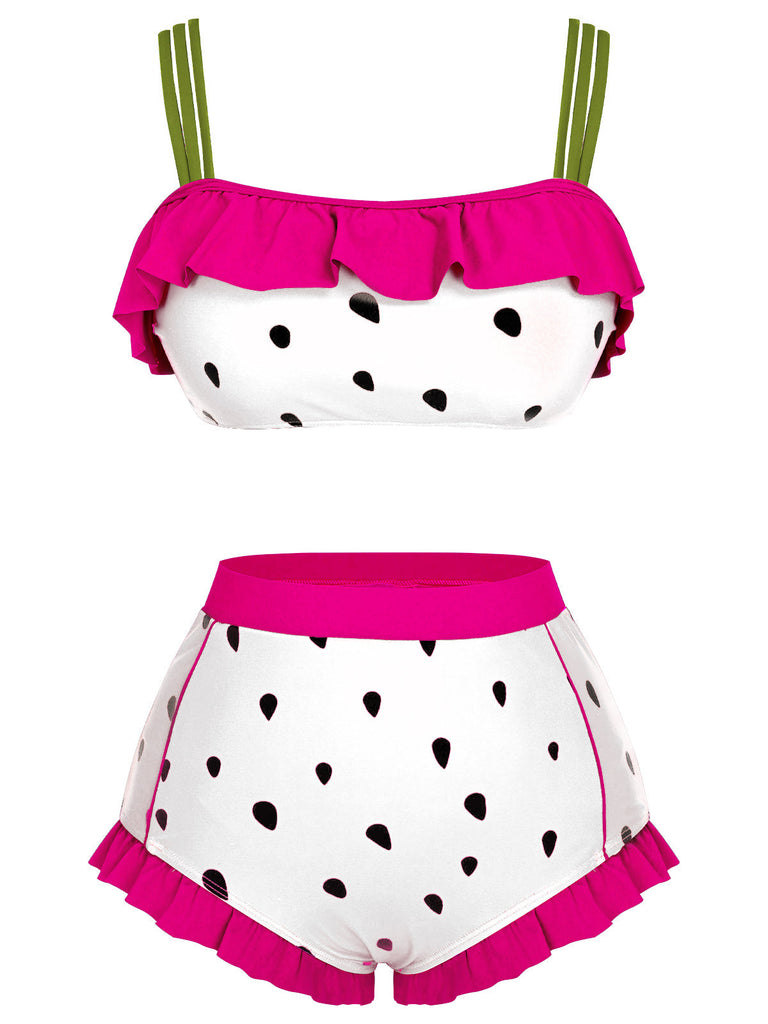 Maillot de bain rouge à bretelles à volants et fraises des années 1950