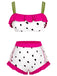 Maillot de bain rouge à bretelles à volants et fraises des années 1950