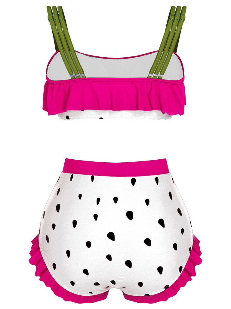 Maillot de bain rouge à bretelles à volants et fraises des années 1950