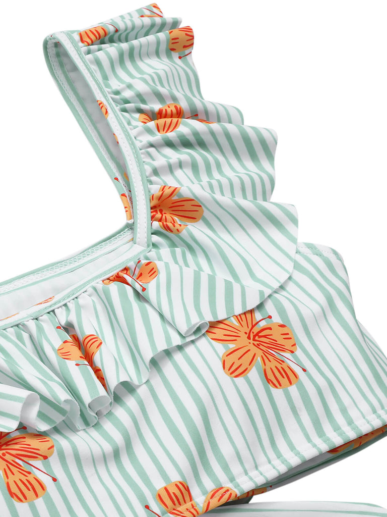 [Pré-vente] Maillot de bain vert clair à volants et rayures florales des années 1950