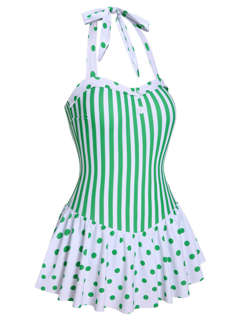 [Pré-vente] Maillot de bain dos nu vert à pois et rayures des années 1940