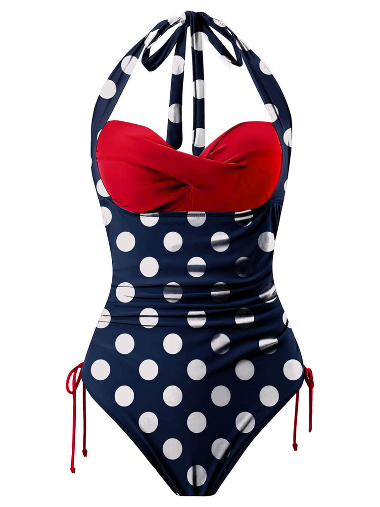 [Pré-vente] Maillot de bain dos nu bleu et rouge à pois des années 1950