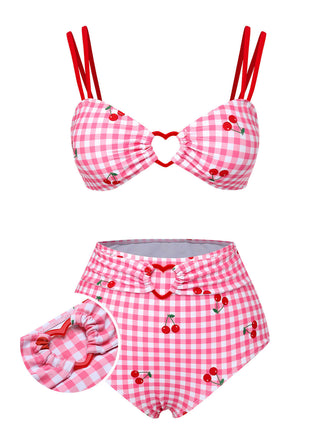 [Prévente] Maillot de bain rose à carreaux et bretelles cerises des années 1950