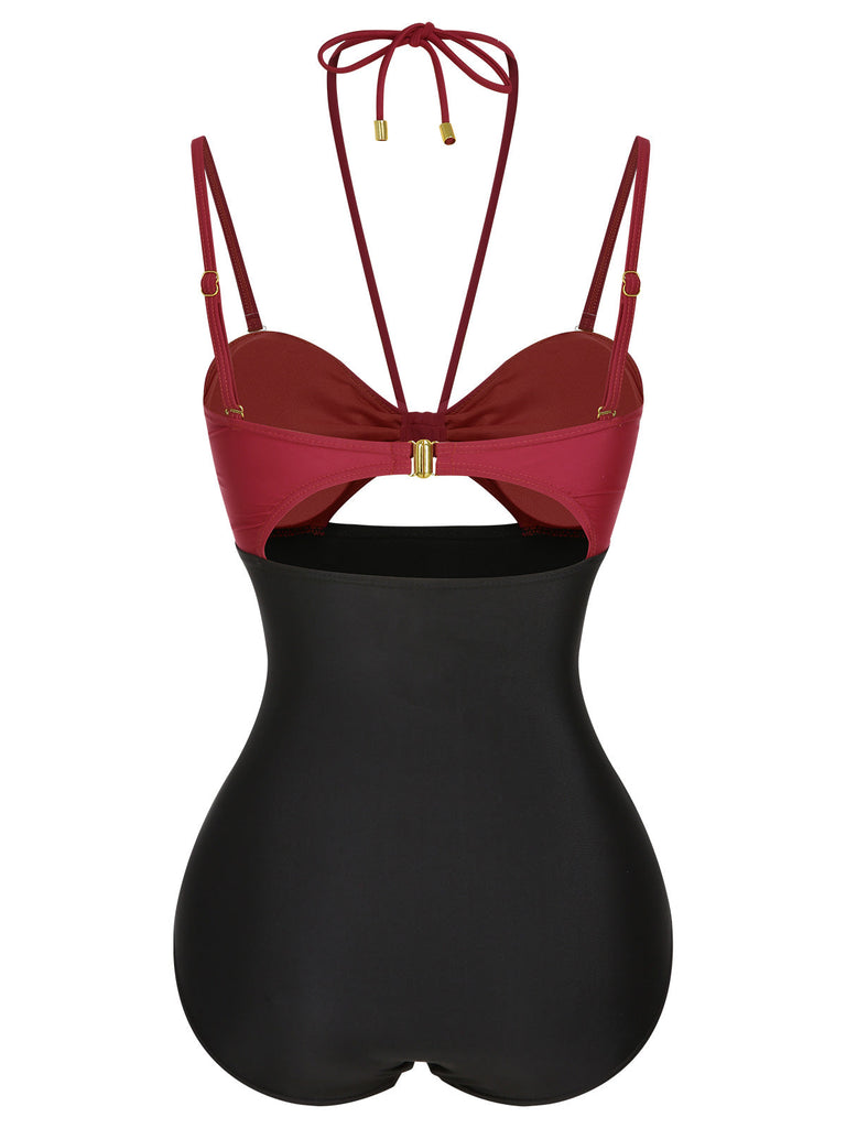 Maillot de bain à bretelles licou à découpes solides des années 1950