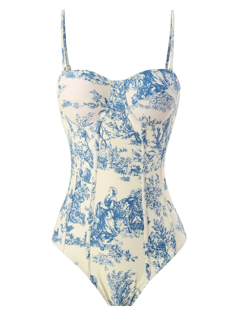 Maillot de bain une pièce à bretelles fines florales à l'encre des années 1950