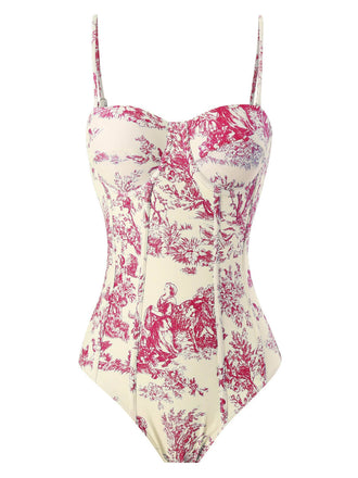 Maillot de bain une pièce rouge à bretelles fines florales à l'encre des années 1950