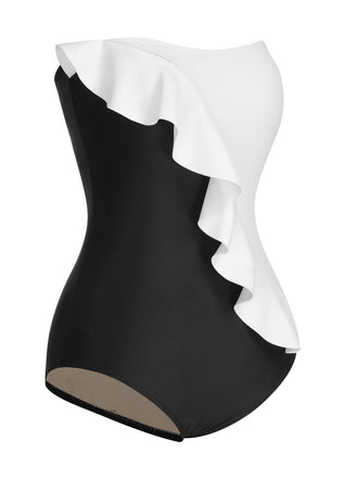 Maillot de bain solide sans bretelles à volants 3D des années 1950