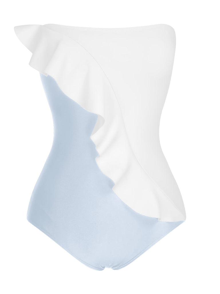 Maillot de bain solide sans bretelles à volants 3D des années 1950