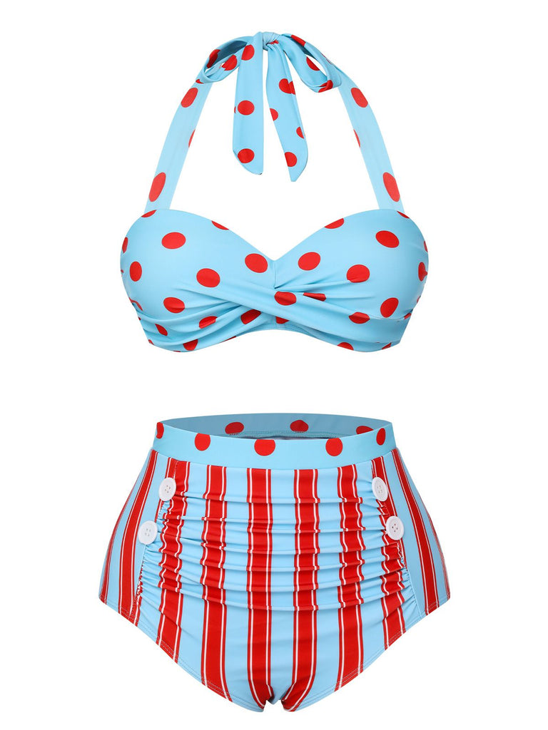 Maillot de bain dos nu bleu à pois et rayures des années 1940