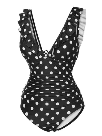 Maillot de bain noir à pois et volants à col en V des années 1950