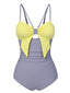 Maillot de bain violet et jaune avec nœud contrasté découpé des années 1950