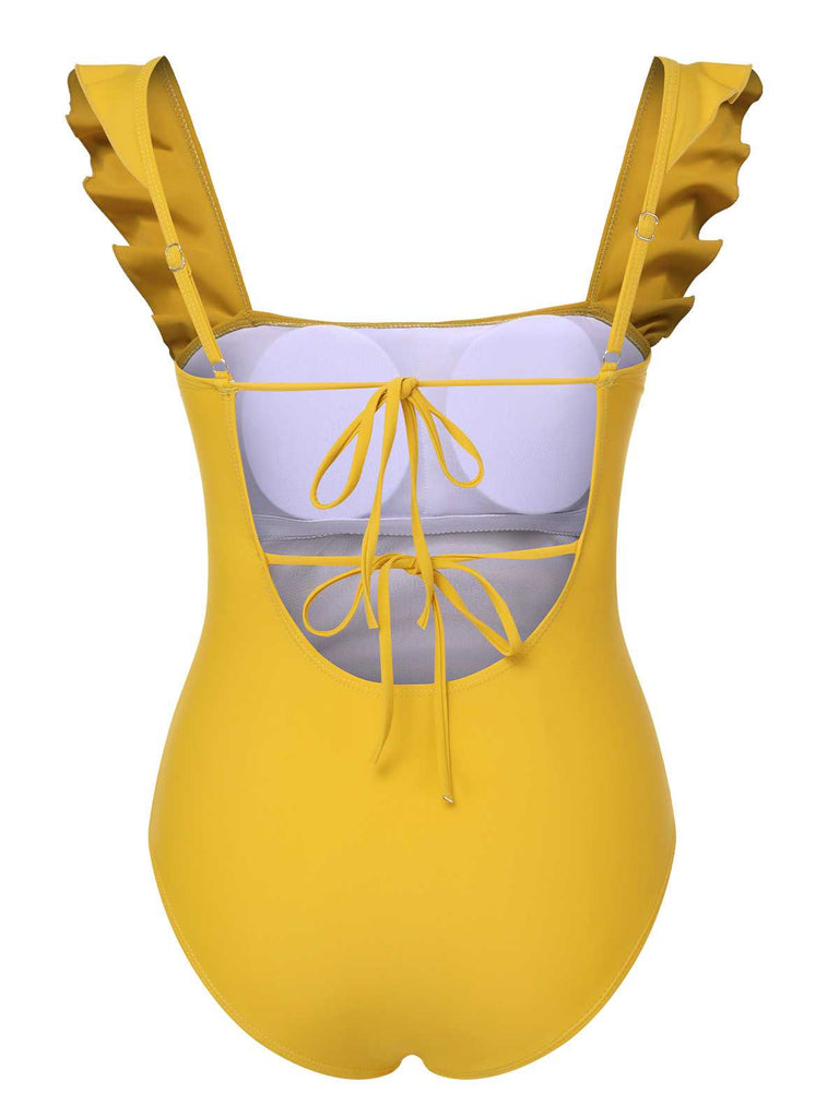 Maillot de bain une pièce uni dos nu à volants des années 1950