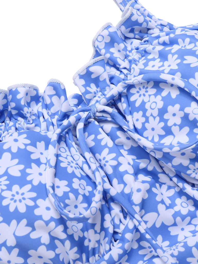 Maillot de bain bleu à petites bretelles florales des années 1950