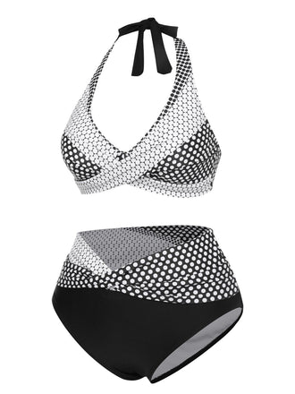 Maillot de bain dos nu à pois noir et blanc des années 1950