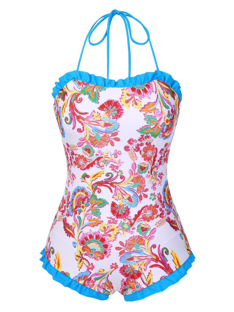 [Prévente] Maillot de bain une pièce à volants motif floral bleu années 1960