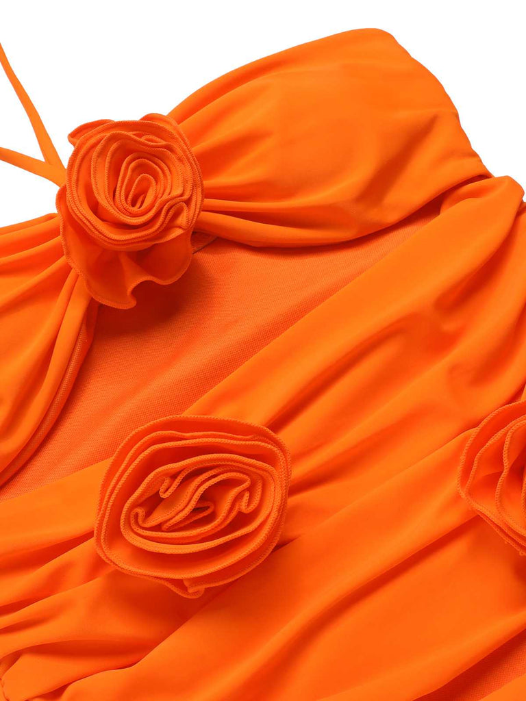 Maillot de bain une pièce orange rouge à fleurs 3D des années 1950