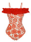 Maillot de bain rouge à épaules dénudées à volants floraux des années 1960