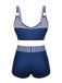 Maillot de bain bleu foncé à rayures et bretelles en patchwork des années 1940