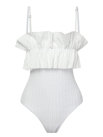 Maillot de bain bandeau blanc à volants unis des années 1970