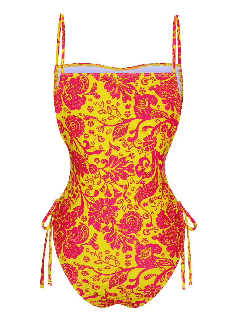 Maillot de bain orange à bretelles florales russes des années 1950