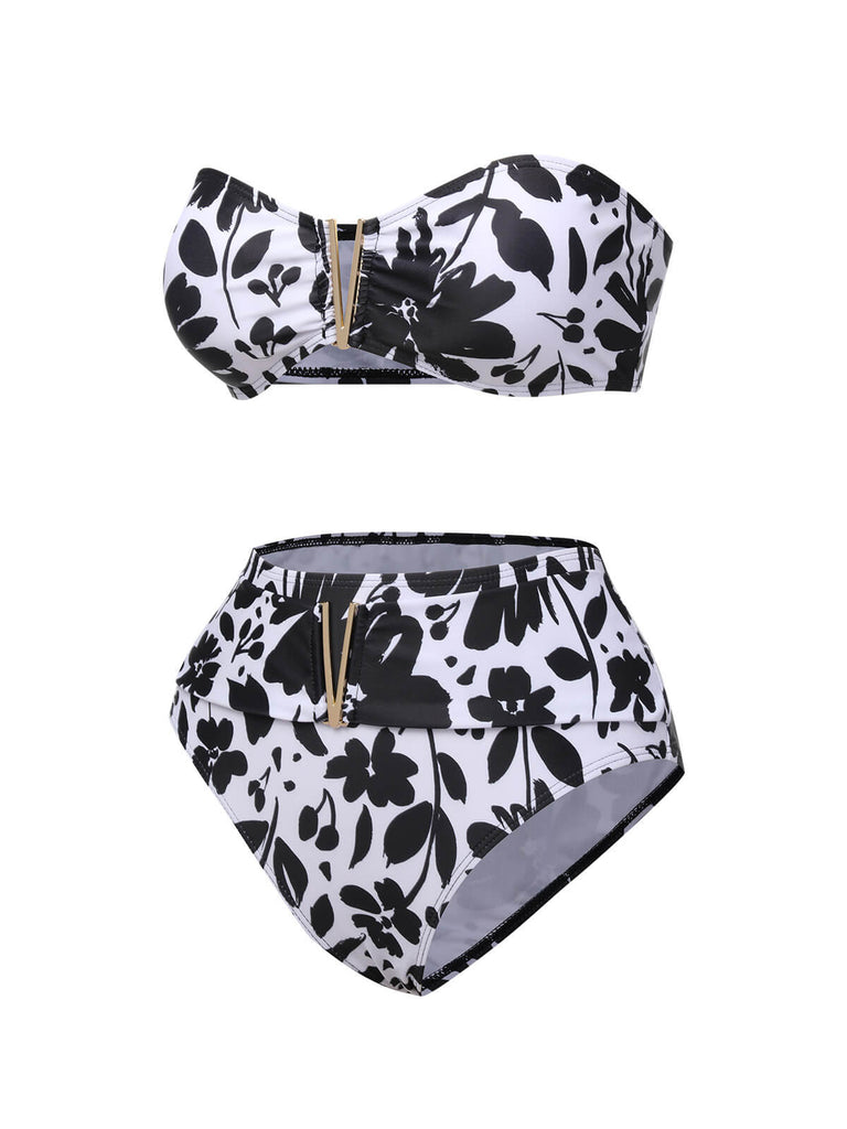 Bikini bandeau noir et blanc à silhouettes végétales des années 1950