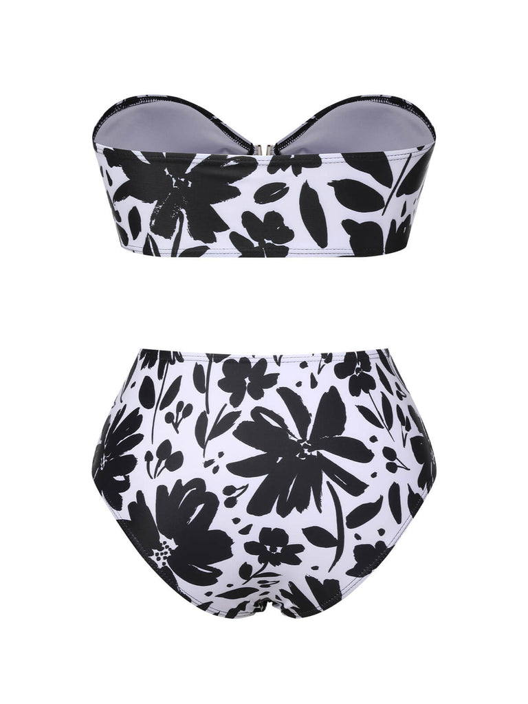 Bikini bandeau noir et blanc à silhouettes végétales des années 1950