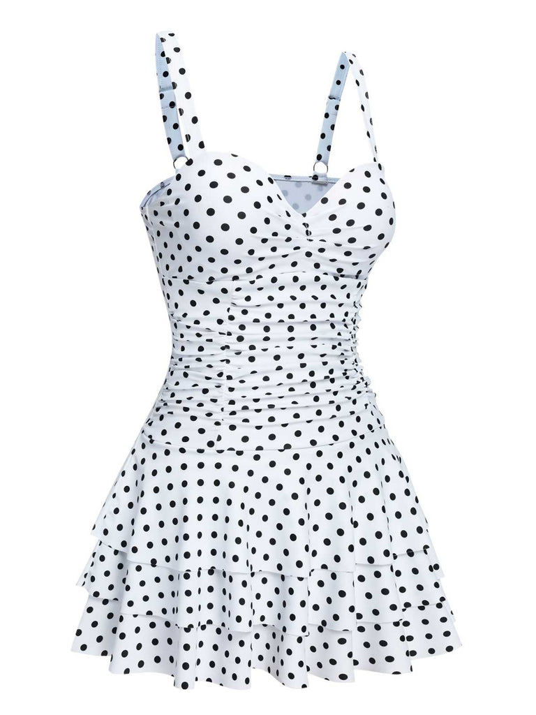 Maillot de bain blanc à pois et bretelles spaghetti des années 1950