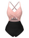 Maillot de bain patchwork taille creuse rose et noir des années 1940