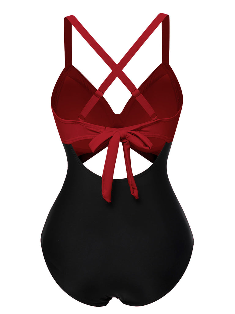 Maillot de bain patchwork taille creuse rose et noir des années 1940