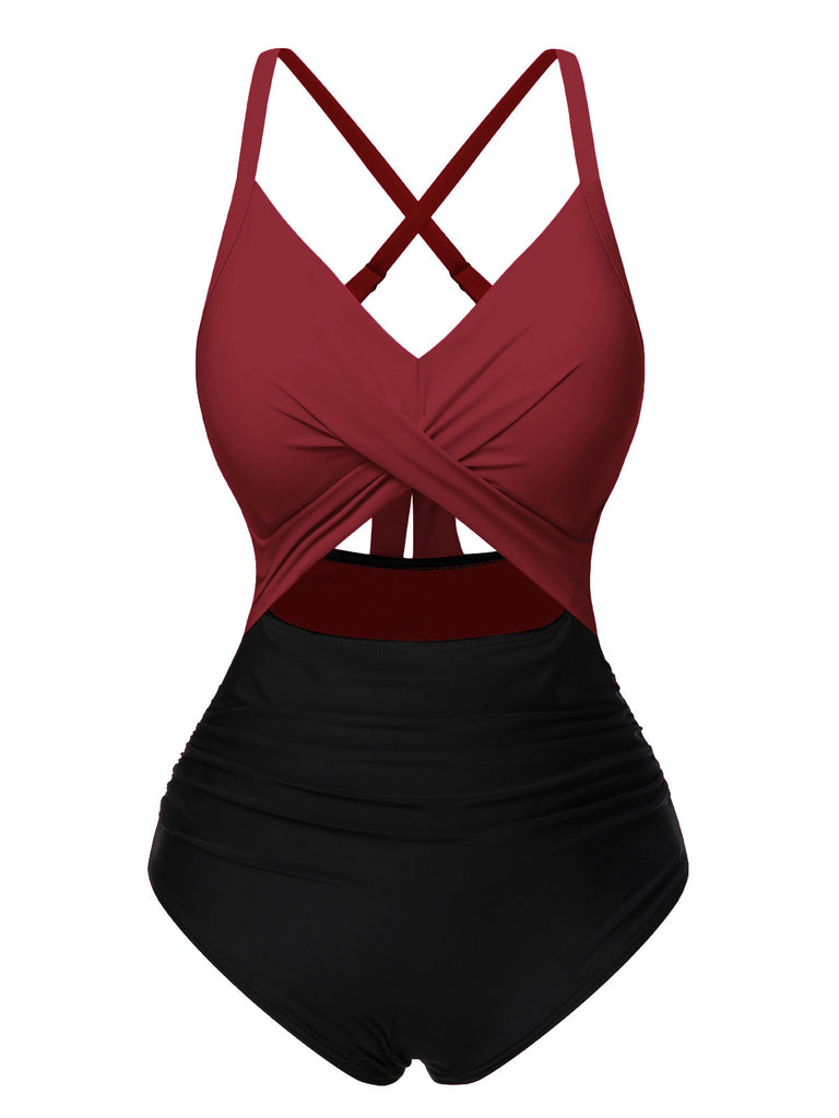 [Pré-vente] Maillot de bain patchwork taille creuse rouge et noir des années 1940