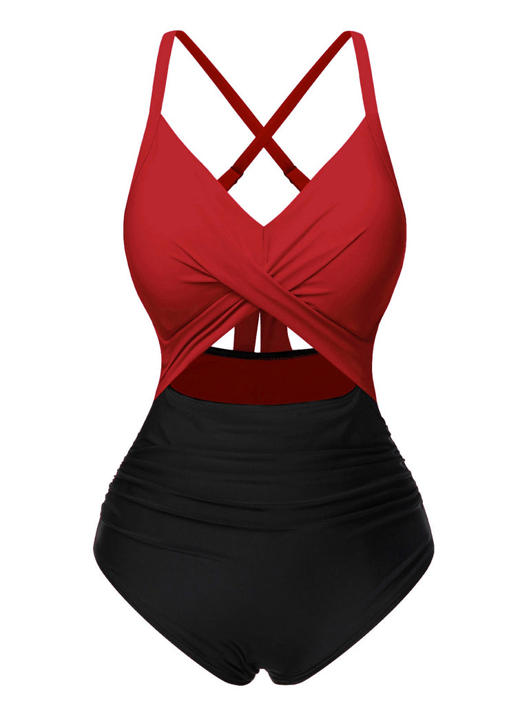 Maillot de bain patchwork taille creuse rouge et noir des années 1940