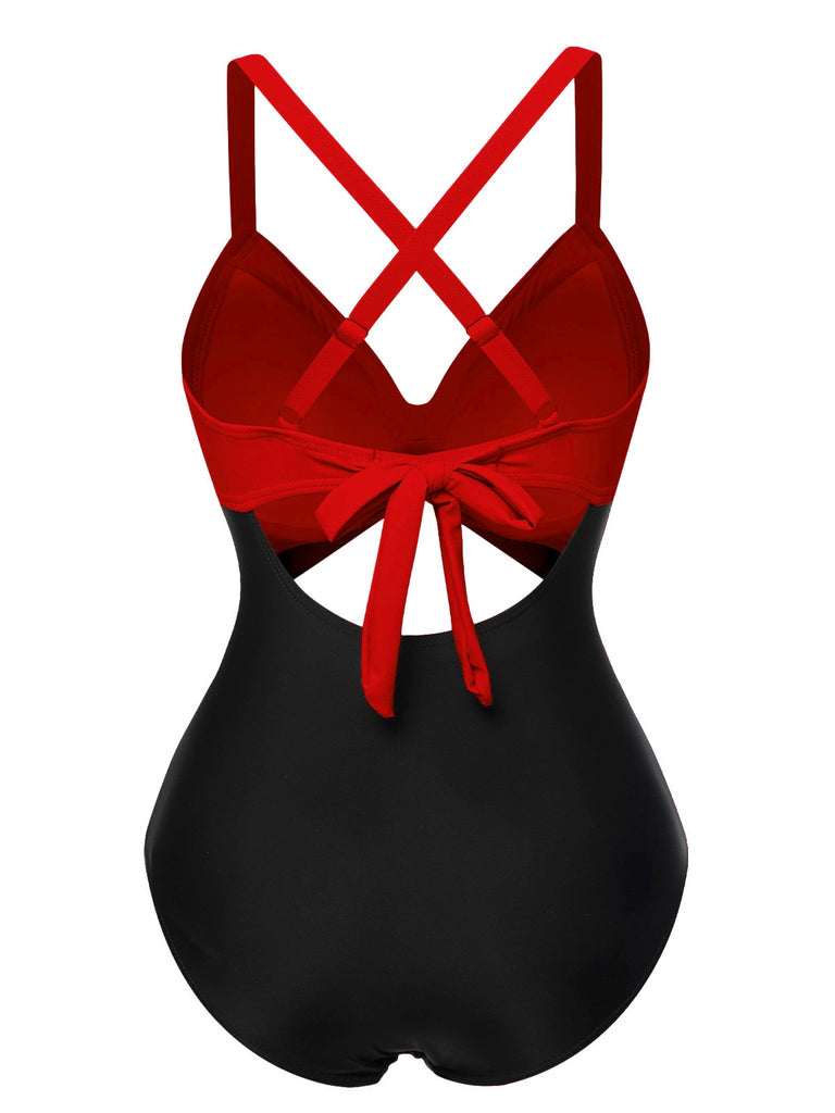 Maillot de bain patchwork taille creuse rouge et noir des années 1940