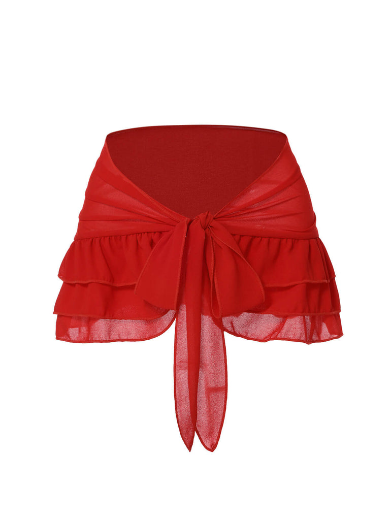 2PCS Maillot de bain licou roses et jupe cache-maillot rouges des années 1960