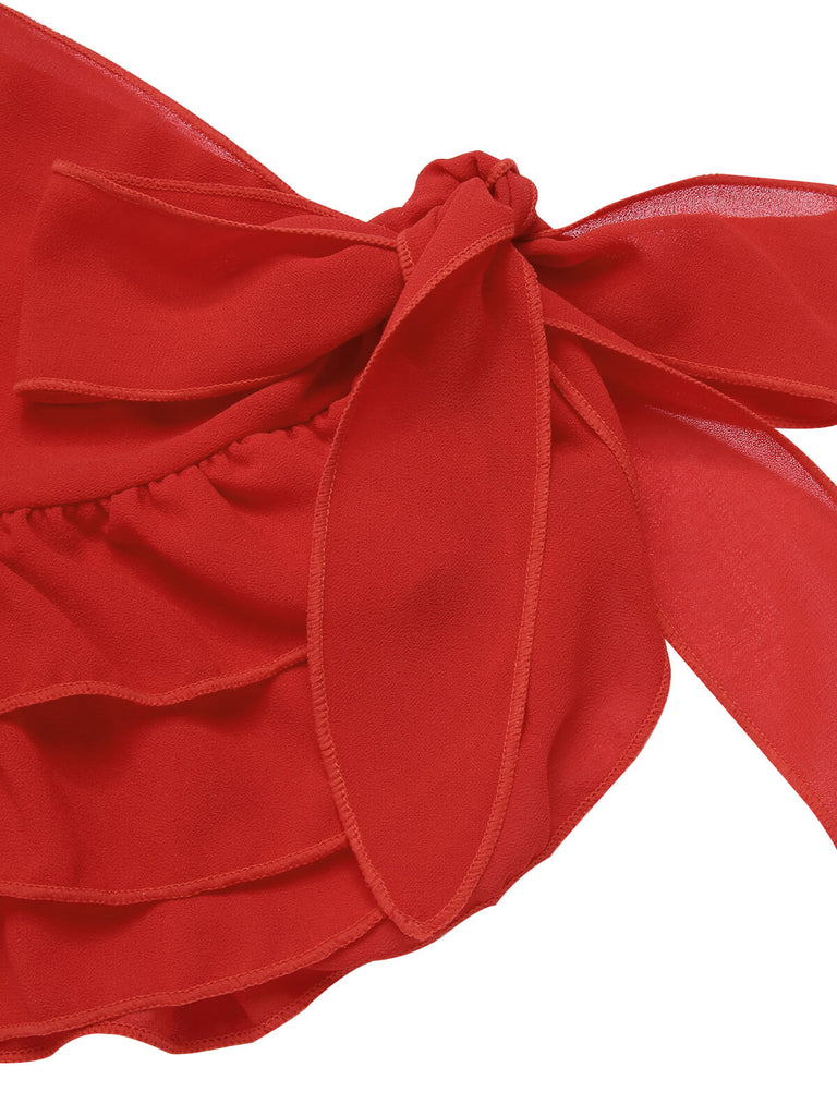 2PCS Maillot de bain licou roses et jupe cache-maillot rouges des années 1960