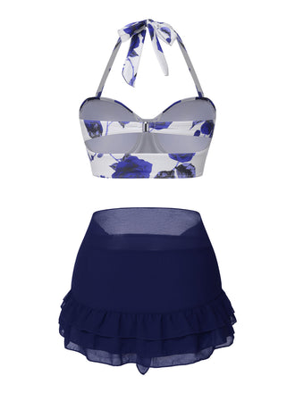 [Prévente] 2PCS Maillot de bain licou roses et jupe cache-maillot bleu des années 1960