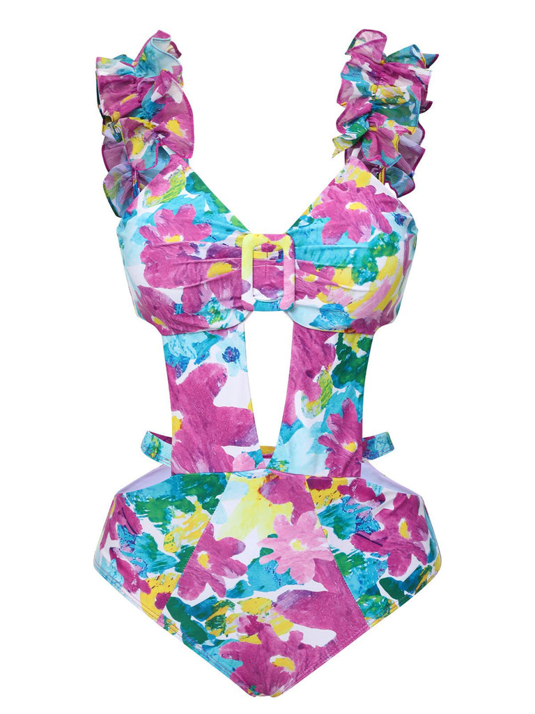 Maillot de bain à volants et découpes florales teintées des années 1960