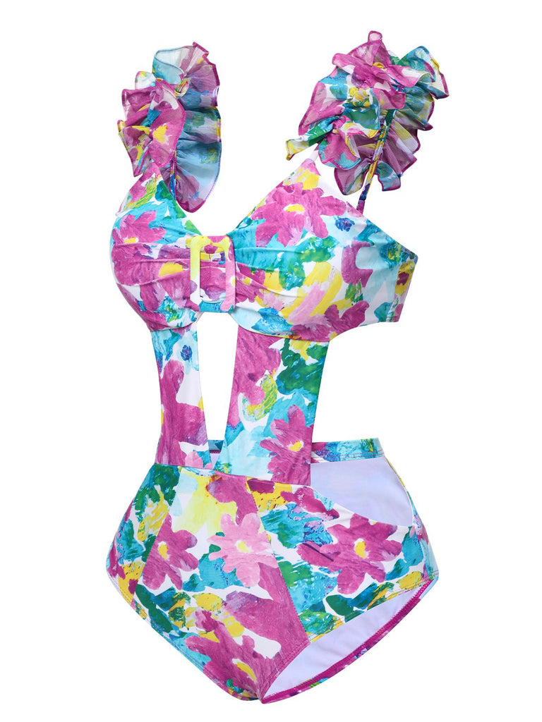 Maillot de bain à volants et découpes florales teintées des années 1960