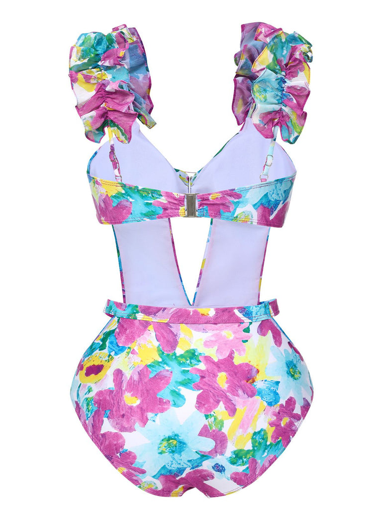 Maillot de bain à volants et découpes florales teintées des années 1960