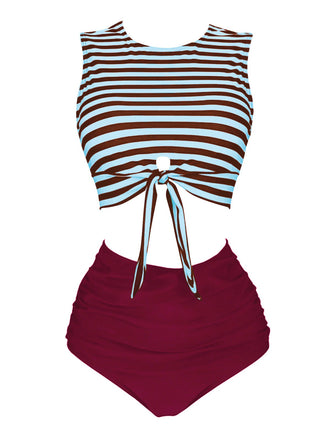 Maillot de bain à rayures à lacets bleu et rouge des années 1970