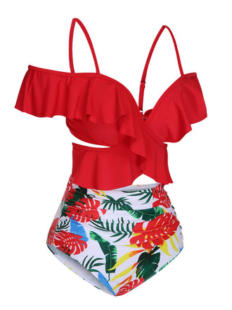 Maillot de bain tropical rouge à manches volantes des années 1960