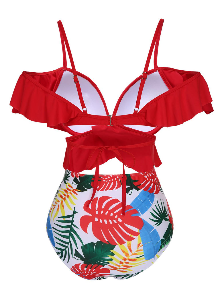 Maillot de bain tropical rouge à manches volantes des années 1960