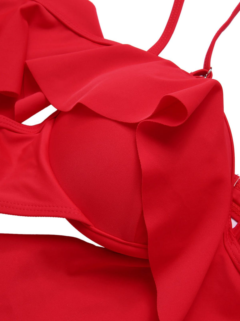 Maillot de bain tropical rouge à manches volantes des années 1960