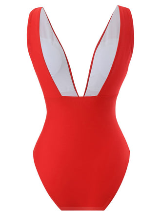 Maillot de bain dos nu rouge uni à fleurs 3D des années 1960