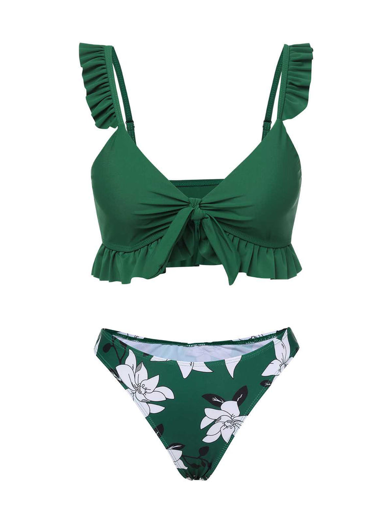 Maillot de bain vert à volants et bretelles florales des années 1960