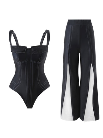 2PCS Maillot de bain et pantalon à bretelles gothiques noirs des années 40