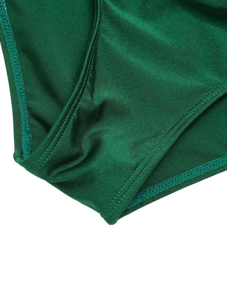 Maillot de bain bandeau plissé vert foncé des années 1970